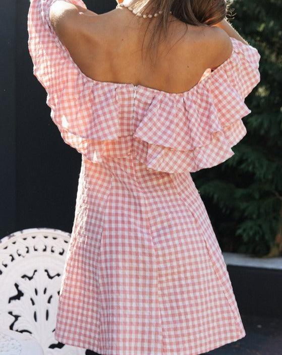 Plaid Off Shoulder Ruffle Mini Dress pink
