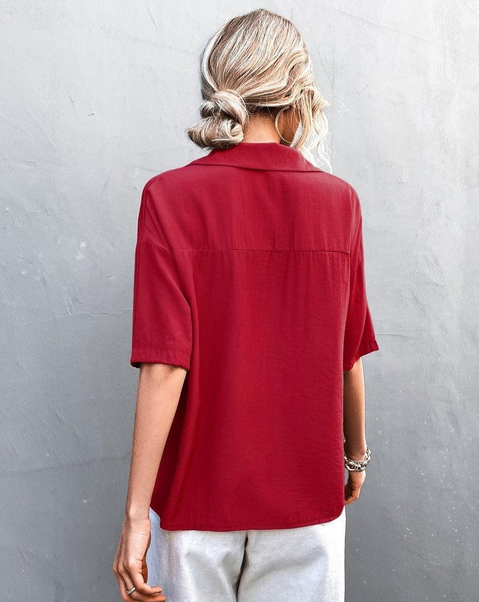 Solid V-Neck Short Sleeve Shirt red