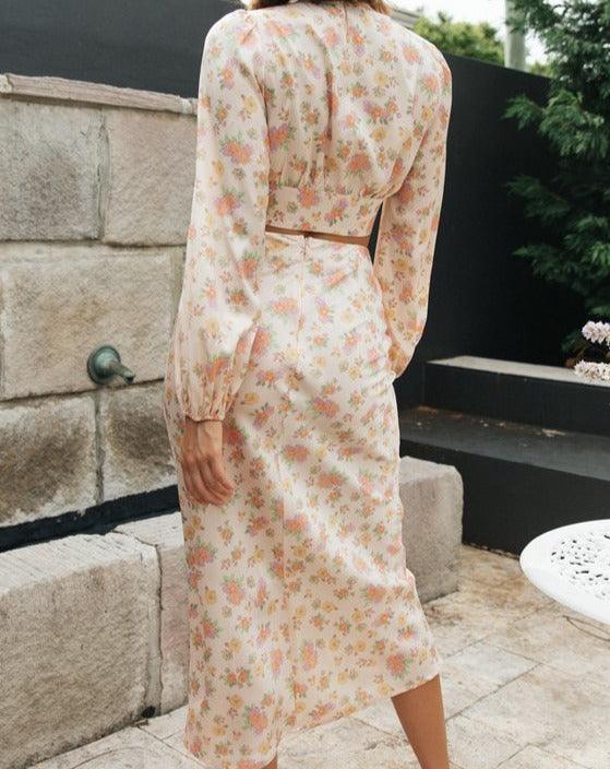 Floral V-Neck Long Sleeve Top Midi Skirt Sets