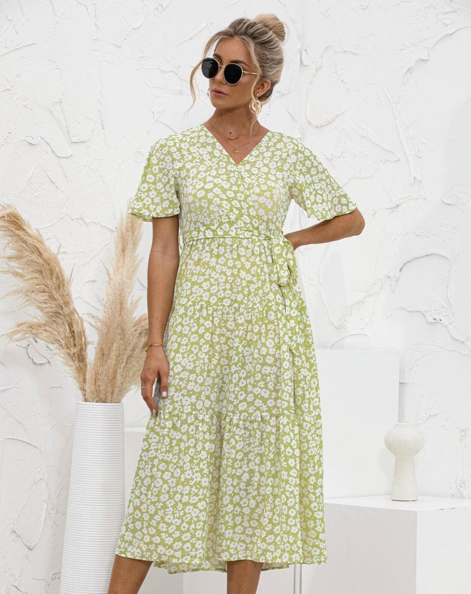 Boho Floral Print Short Sleeve Midi Dress green