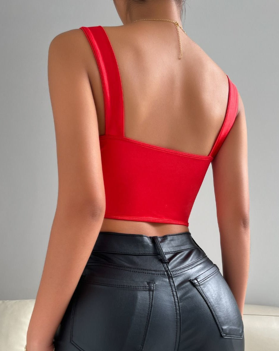 Solid Sexy Fishbone Backless Cami Top Red