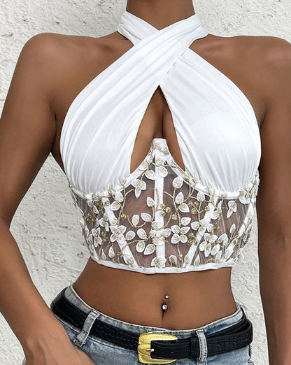 Halter Wrapped Embroidery Sheer Bustier White