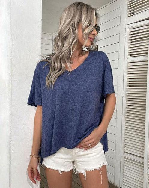 Solid V-Neck Casual Top blue