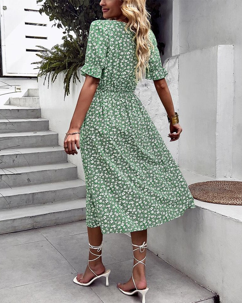 Boho Floral Short Sleeve Front Buttons Midi Dress