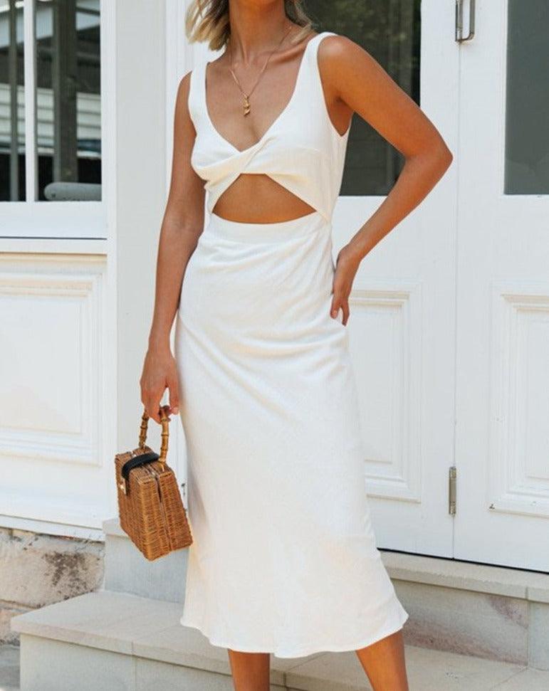 Solid Sleeveless Midi Dress white