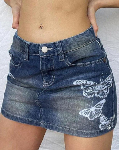 blue butterfly print denim mini skirt