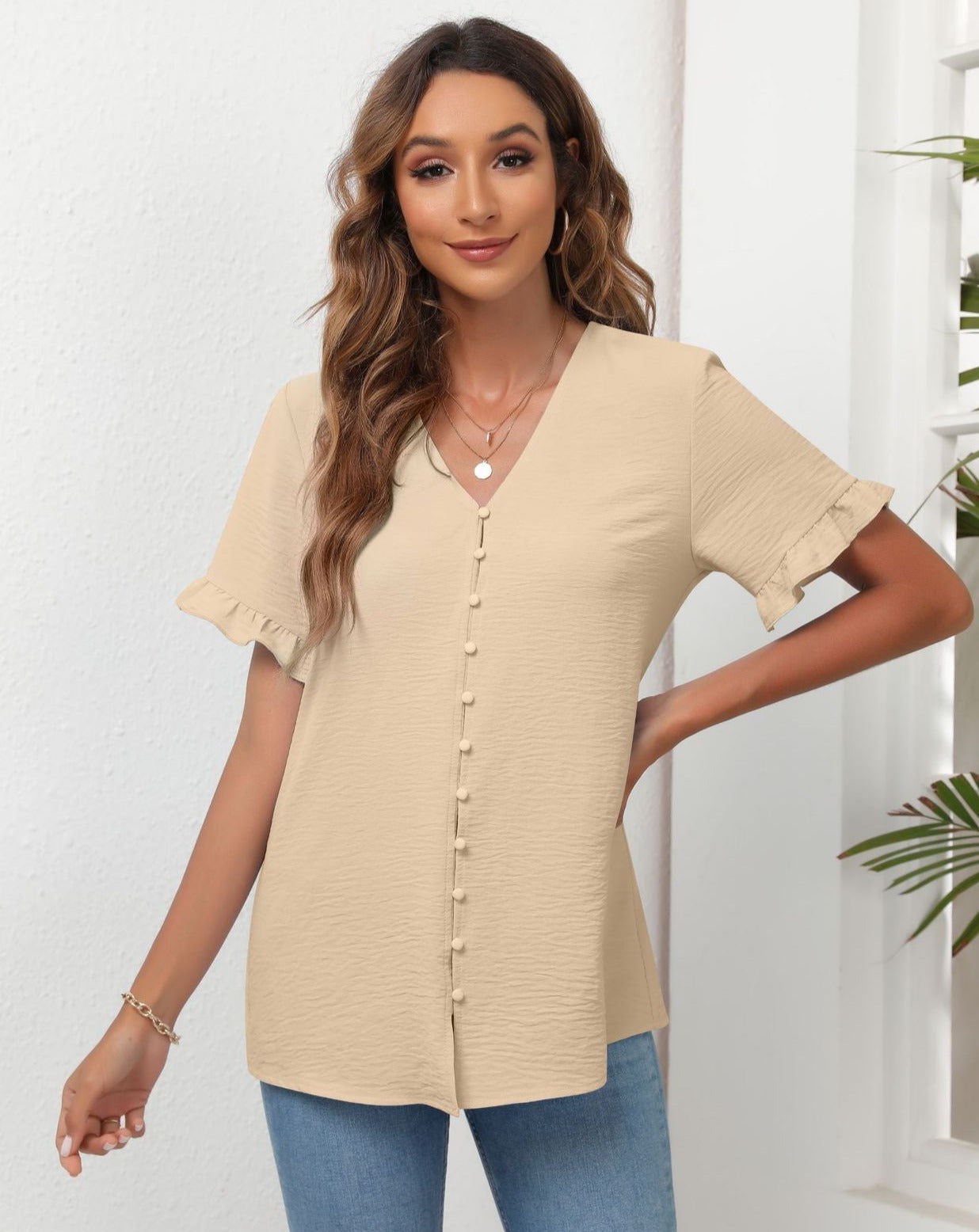 Solid Short Sleeve V Neck Buttons Down Blouse Beige