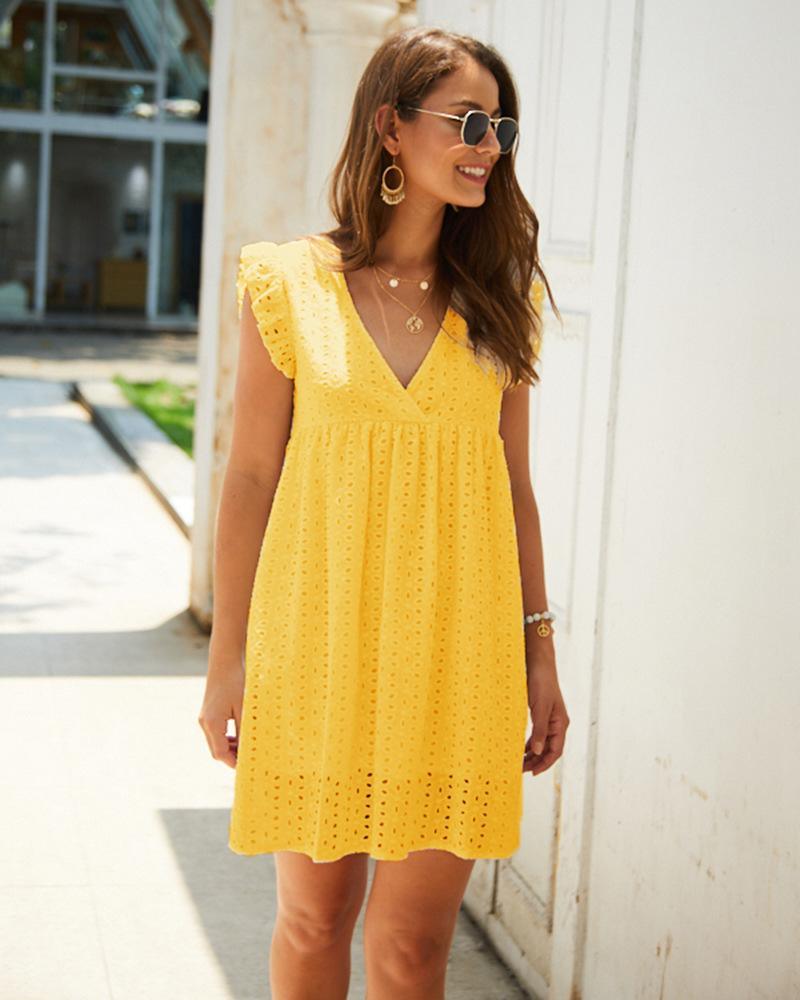 Boho Short Sleeve Lace Midi Dress yellow