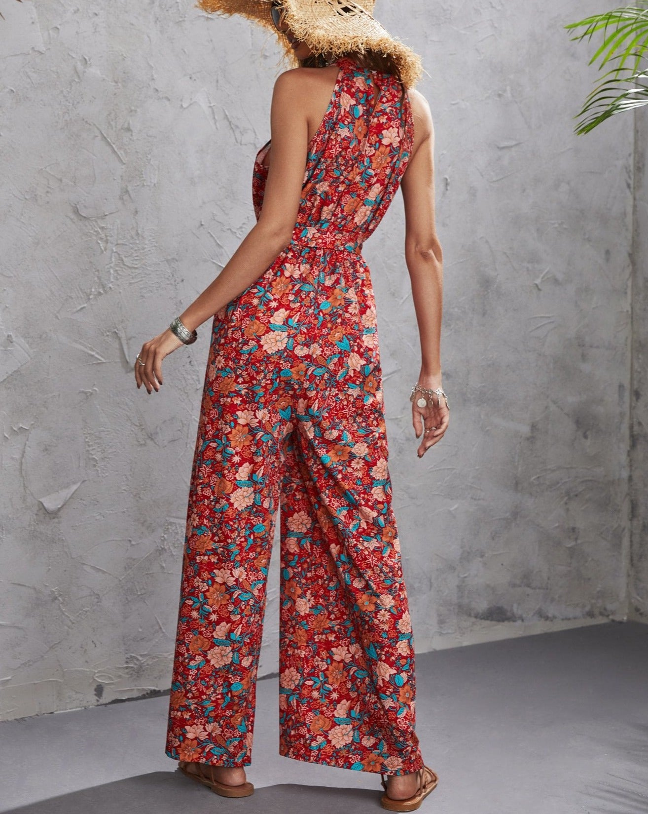 Floral Halter Sleeveless Jumpsuit Red
