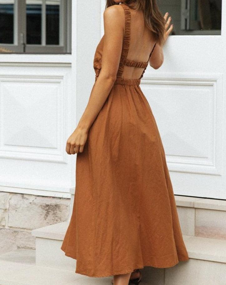Solid Sleeveless Backless Midi Dress brown