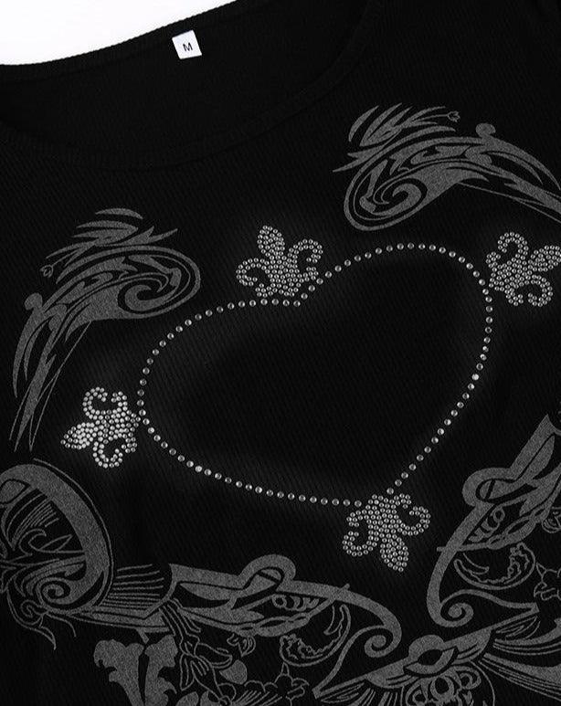 black diamond heart long sleeve cropped top t-shirt y2k