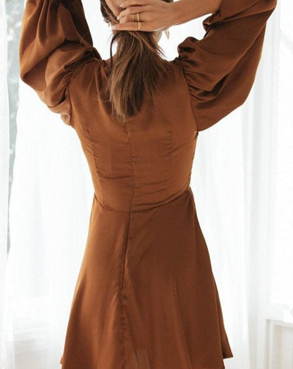 Solid Long Lantern Sleeve V-Neck Mini Dress brown