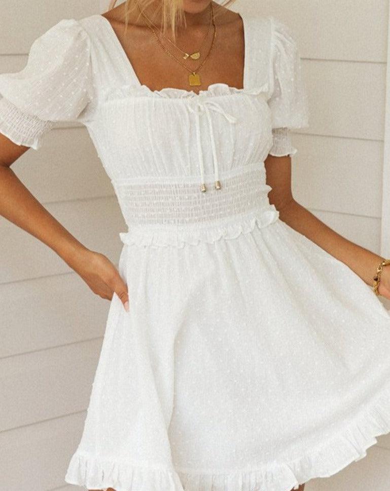 Short Puff Sleeve Backless Milkmaid Dress white