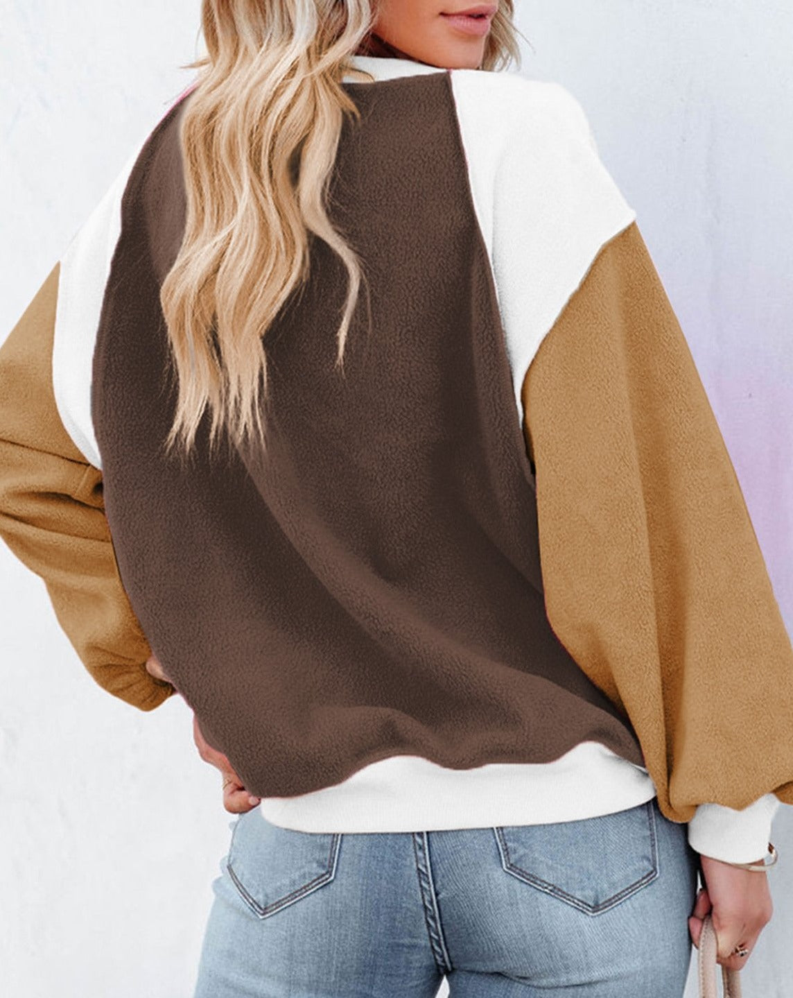 Plush Fleece Long Sleeve Patchwork Sweatshirt Pullover brown