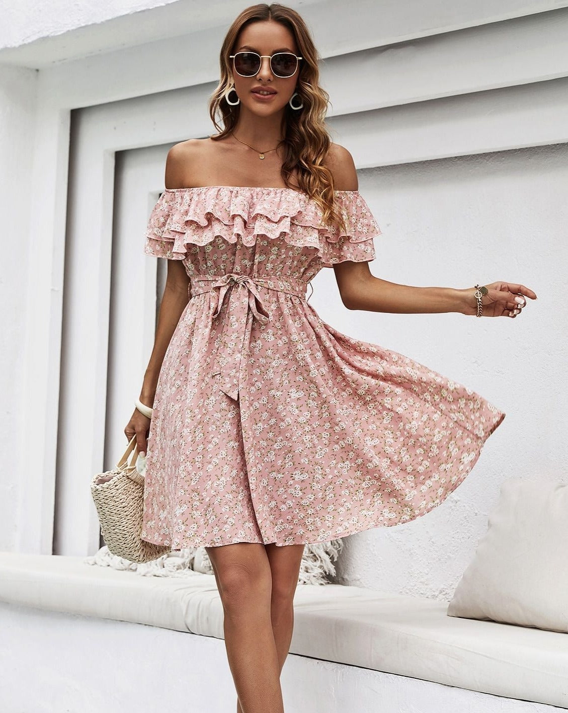 Boho Floral Off Shoulder Ruffles Mini Dress Pink