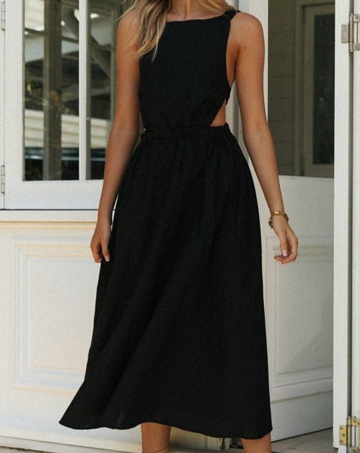 Solid Sleeveless Backless Midi Dress black