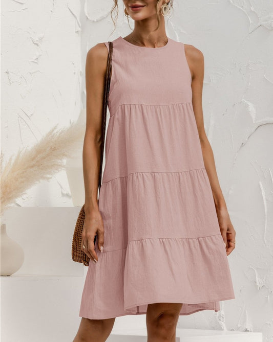 Minimalist Solid Sleeveless Tiered Loose Mini Dress Pink