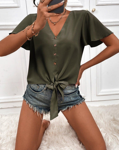 Solid V-Neck Buttons Blouses green