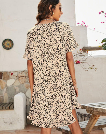 Boho Leopard Short Sleeve Mini Dress beige