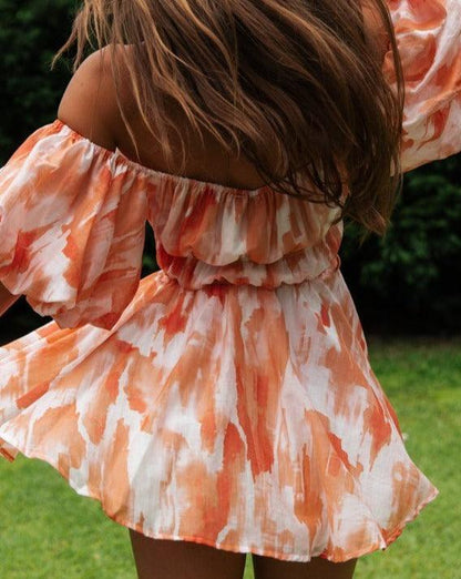 Short Balloon Sleeve Off Shoulder Tie Dye Milkmaid Dress Orange