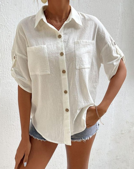 Solid Linen Buttons Short Sleeve Shirt White
