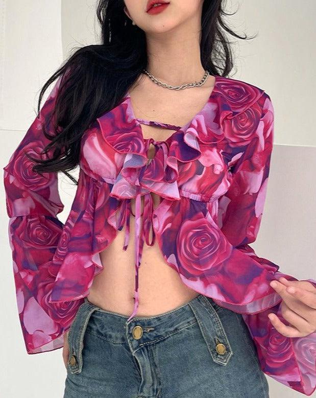 Rose Print Long Sleeve Crop Shirt