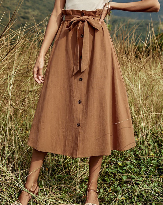 Solid Waist Wrapped Front Buttons Midi Dress Brown