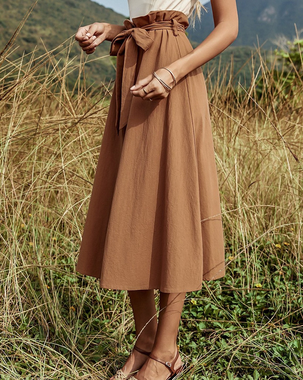 Solid Waist Wrapped Front Buttons Midi Dress Brown
