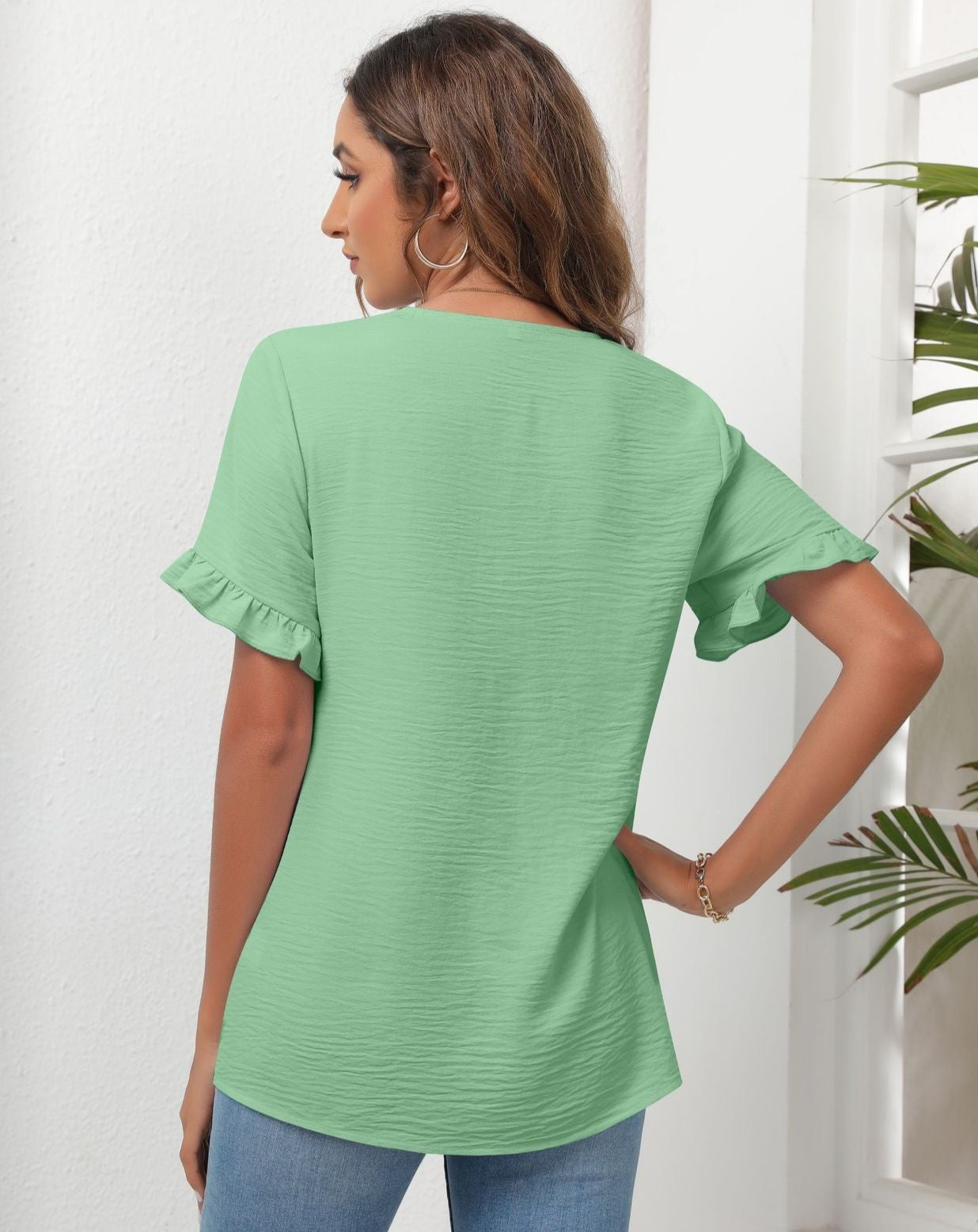 Solid Short Sleeve V Neck Buttons Down Blouse Green