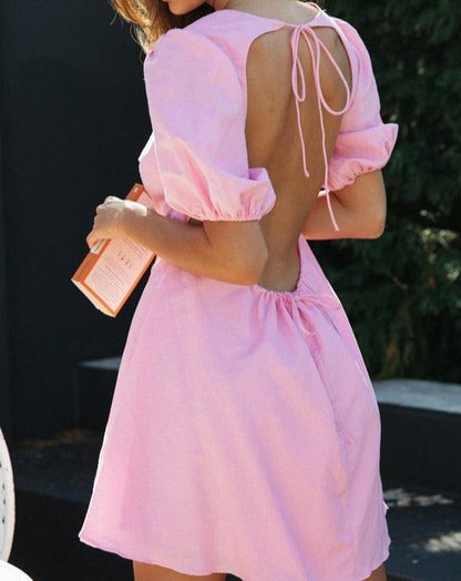 Solid Mid Lantern Sleeve Backless Mini Dress pink