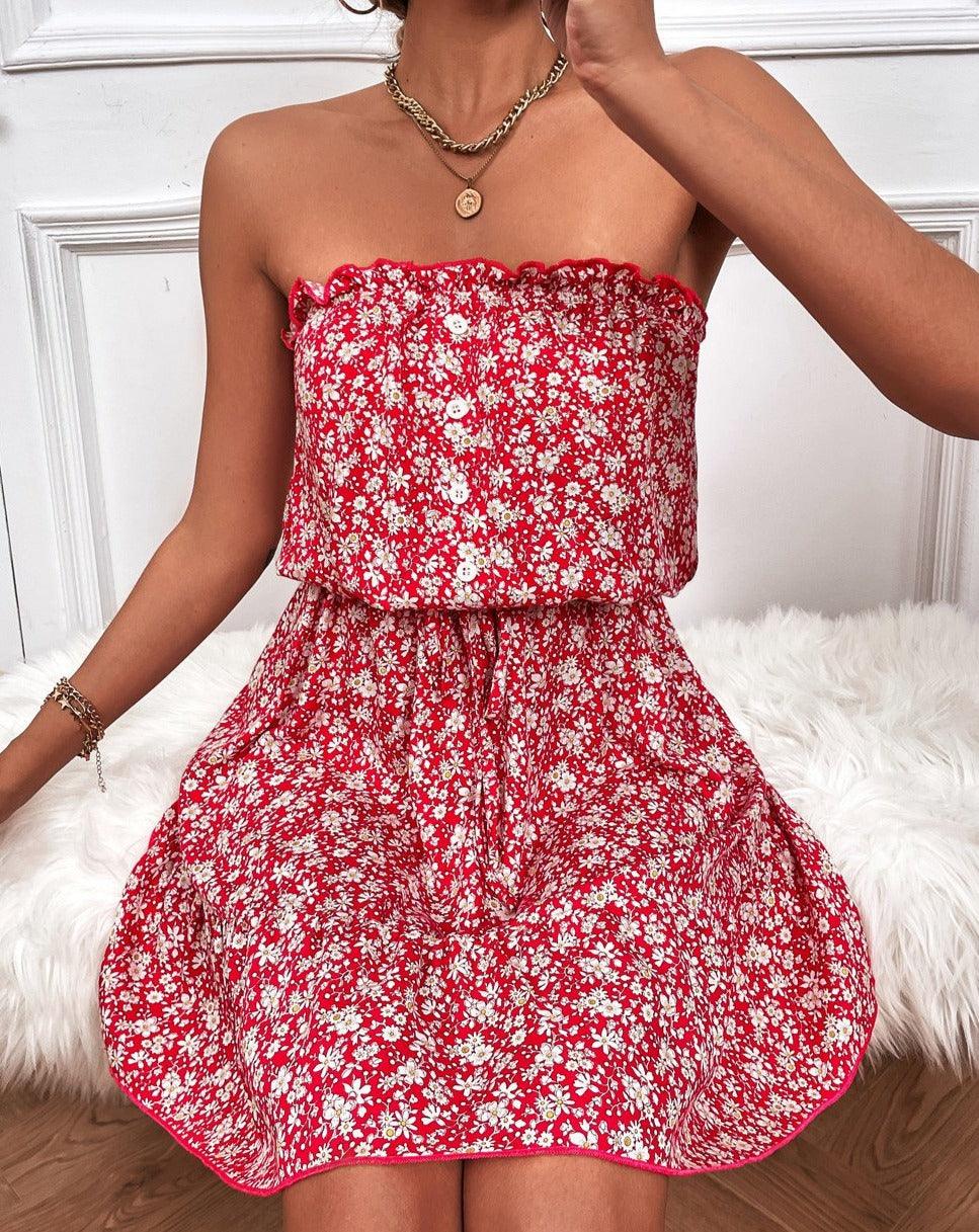 Strapless Floral Mini Dress red