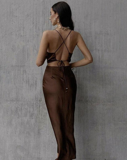Satin Backstrap Midi Dress brown