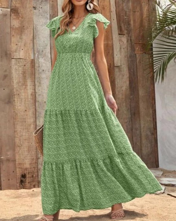 Boho Short Sleeve Flora Tiered Maxi Dress Green