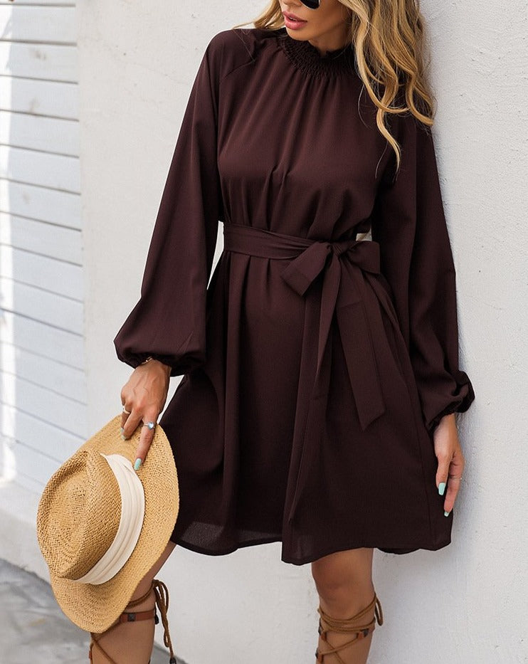 Boho Solid Waist Wrapped Long Sleeve Mini Dress Brown