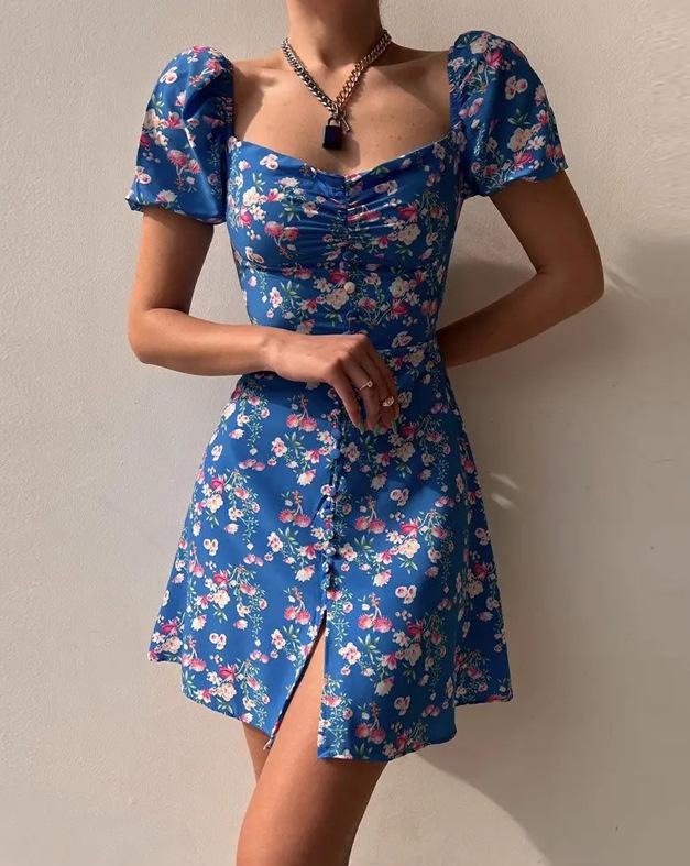 Floral Short Puff Sleeve Squareneck Milkmaid Dress Blue