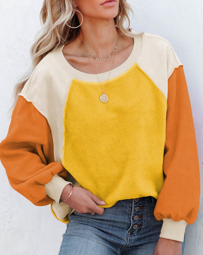 Plush Fleece Long Sleeve Patchwork Sweatshirt Pullover yellow