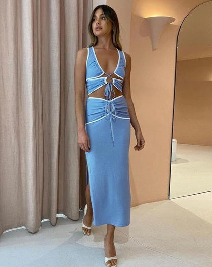 Cutout Cami Top Solid Split Midi Skirt Sets blue