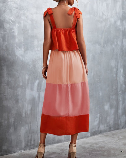 Boho Sleeveless Tie Shoulder Color Blocks Midi Dress Orange & Pink