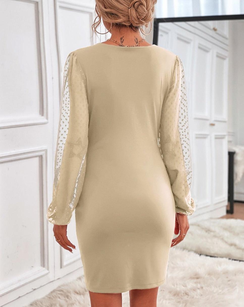 V-Neck Jacquard Long Sleeve Bodycon Dress beige