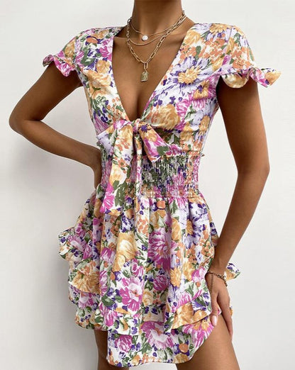 Boho Floral Short Ruffles Sleeve Ruched Mini Dress