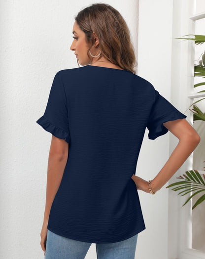 Solid Short Sleeve V Neck Buttons Down Blouse Navy Blue