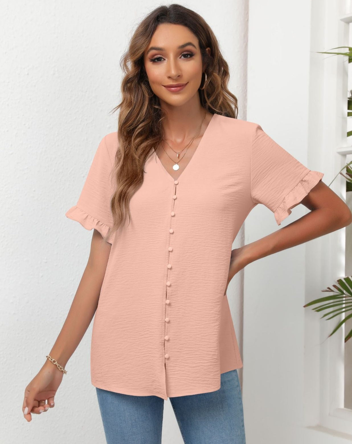 Solid Short Sleeve V Neck Buttons Down Blouse PInk