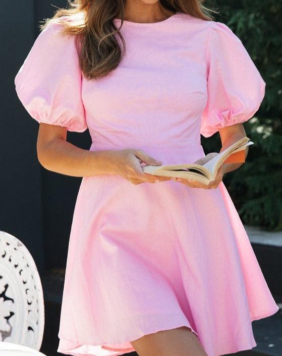 Solid Mid Lantern Sleeve Backless Mini Dress pink