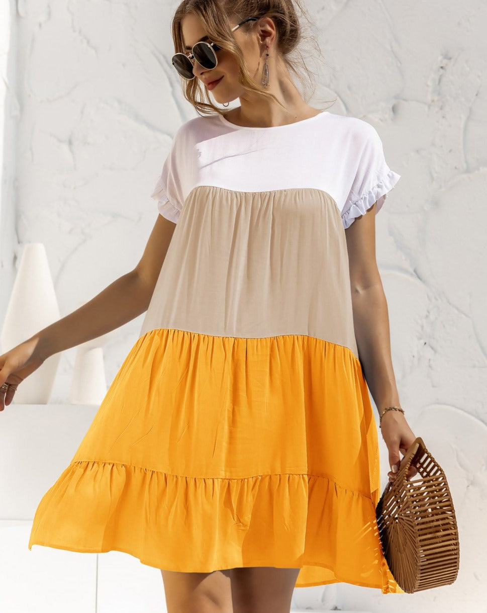 Boho Minimalist Short Sleeve Color Blocks Loose Mini Dress yellow