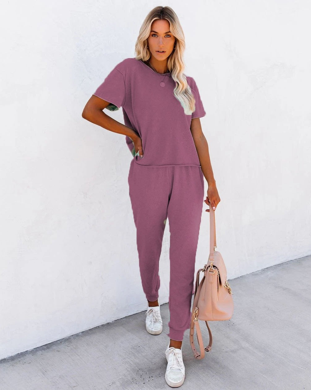 Solid Short Sleeve Causal Loose Top & Track Pants Sets