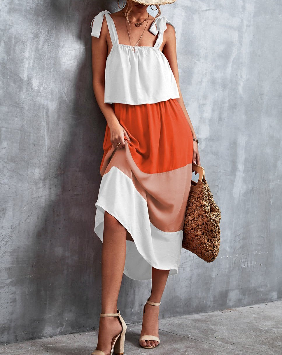 Boho Sleeveless Tie Shoulder Color Blocks Midi Dress Orange & White