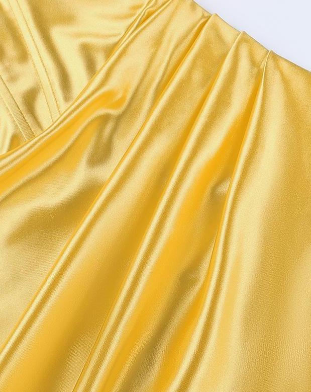 Satin Off-Shoulder Fishbone Bodycon Dress yellow