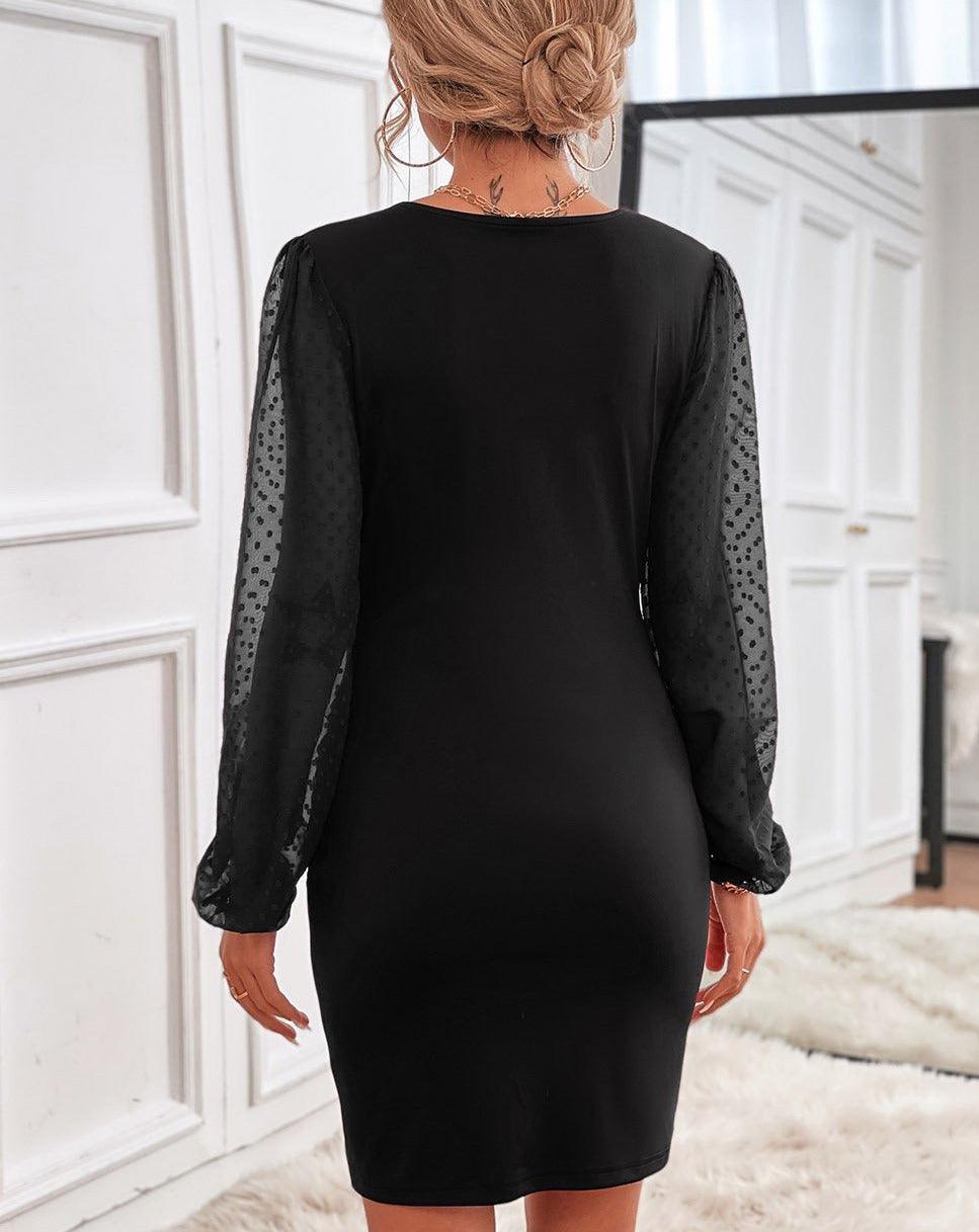 V-Neck Jacquard Long Sleeve Bodycon Dress black
