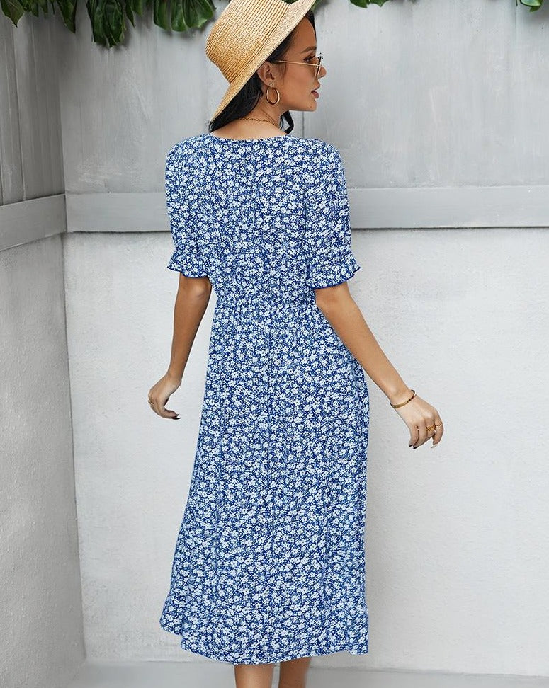 Boho Floral Short Sleeve Front Buttons Midi Dress