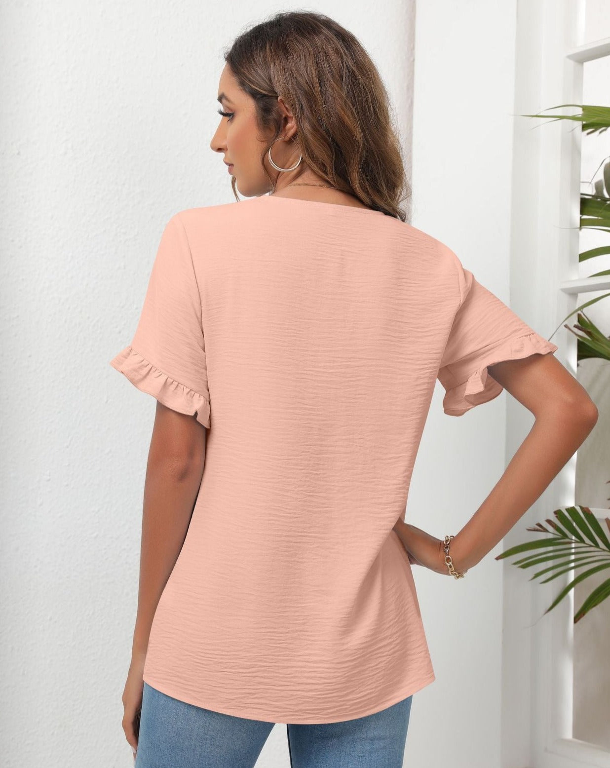 Solid Short Sleeve V Neck Buttons Down Blouse PInk